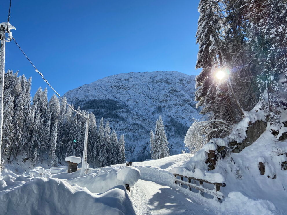 Wandern in herrlicher Winterlandschaft bei viel Neuschnee im Naturpark-Lechtal in Holzgau.