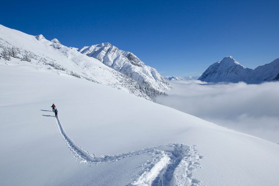 Mit den Schneeschuhen auf den Gipfel in den verschneiten Hängen.