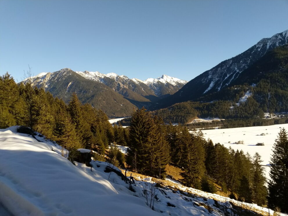 Auf der Forststraße ergeben sich laufend Möglichkeiten für Panoramabilder rund um das Lechtal.
