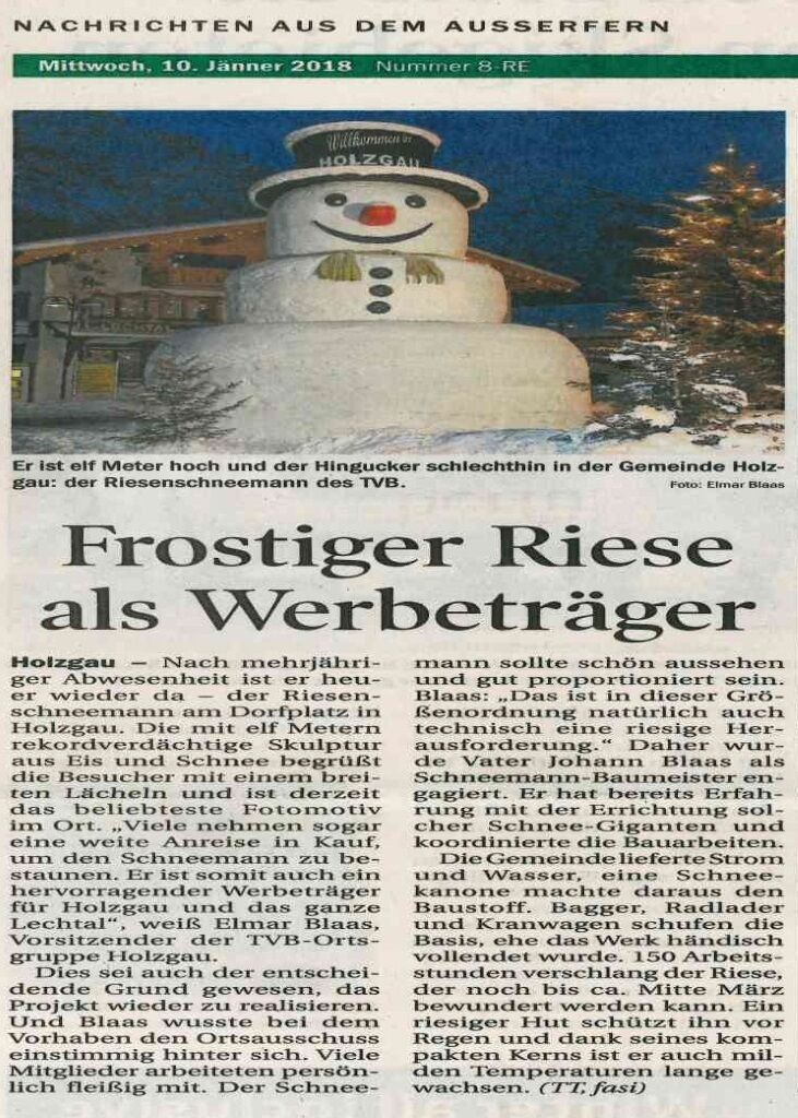Bericht über den Schneemann in Holzgau von der Tiroler Tageszeitung.