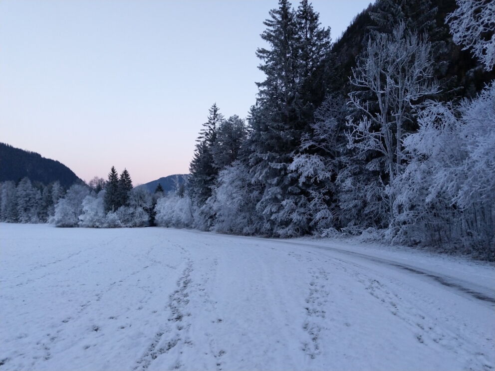 Wandern entlang dem Wanderweg bei knirschendem Untergrund.