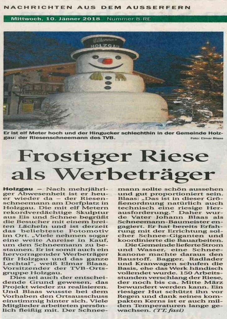Bericht über den Schneemann in Holzgau von der Tiroler Tageszeitung.