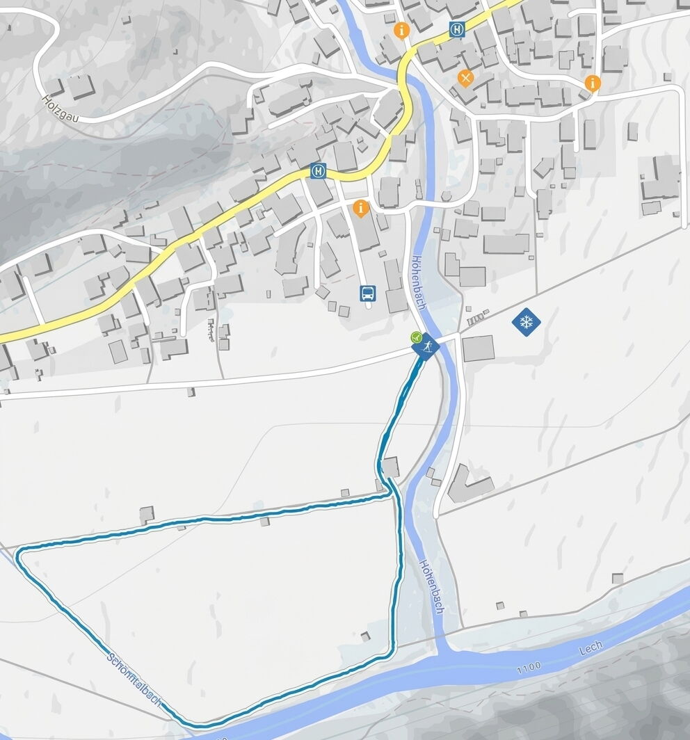 Loipenkarte der kurzen Langlaufrunde Holzgau Runde 2 mit Start am Sportplatz Holzgau und Streckenverlauf entlang des Lech