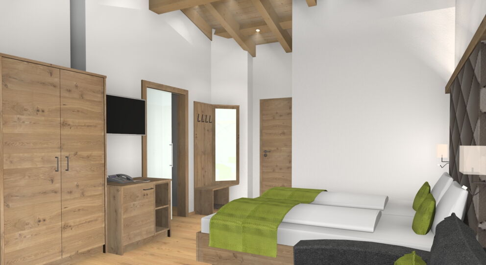 Vorabentwurf der Innenausstattung der neuen Gästezimmer in der Dorfstube in Holzgau.