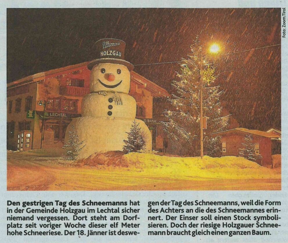 Kronenzeitung berichtet über den Schneemann in Holzgau zum Schneemann-Tag am 18ten Jänner.