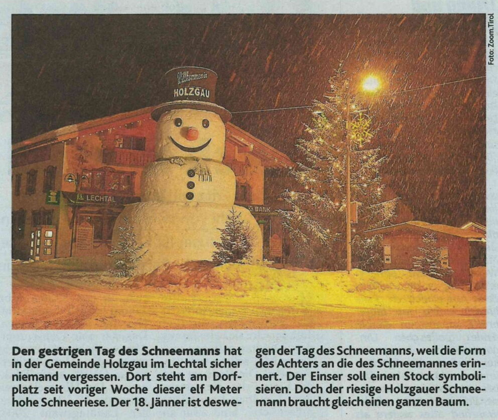 Kronenzeitung berichtet über den Schneemann in Holzgau zum Schneemann-Tag am 18ten Jänner.