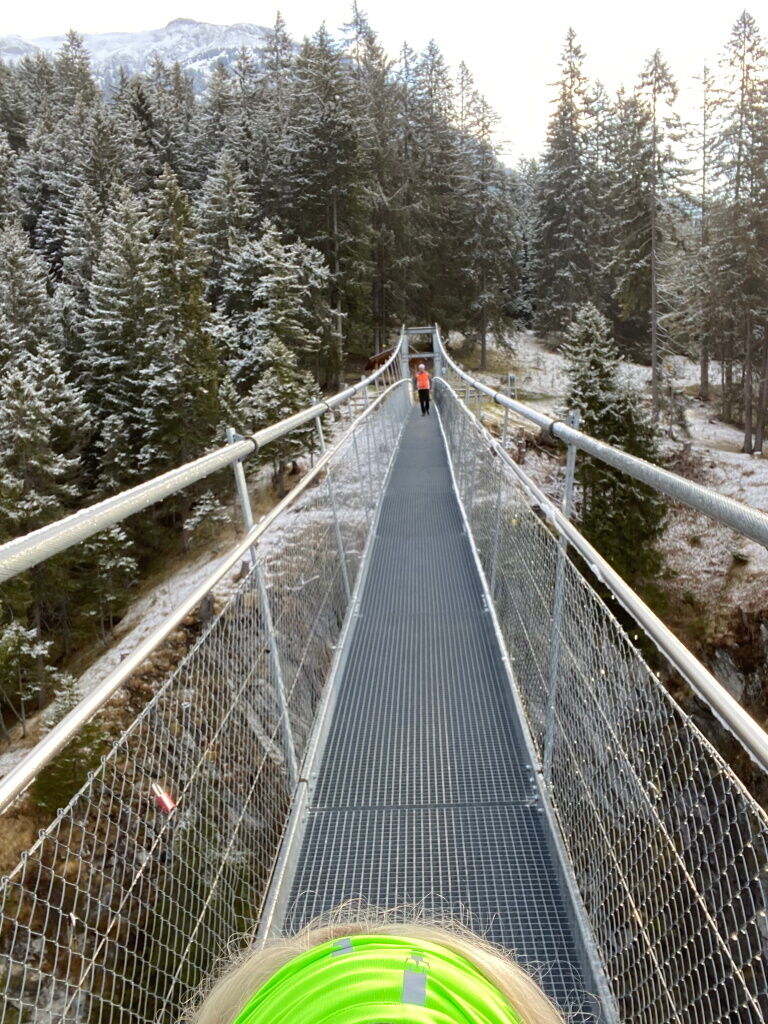 Hängebrücke am Morgen mit leichtem Frost und Frühtau.