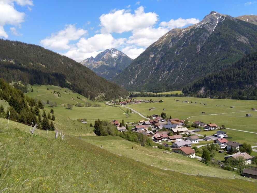 Entlang dem Vitalweg mit Blick auf Unterholzgau im Sommer.