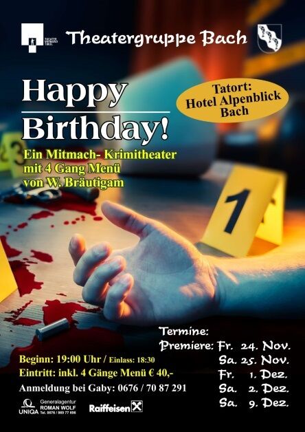 Krimidiner mit Speisebegleitung der Theaterbühne Bach.