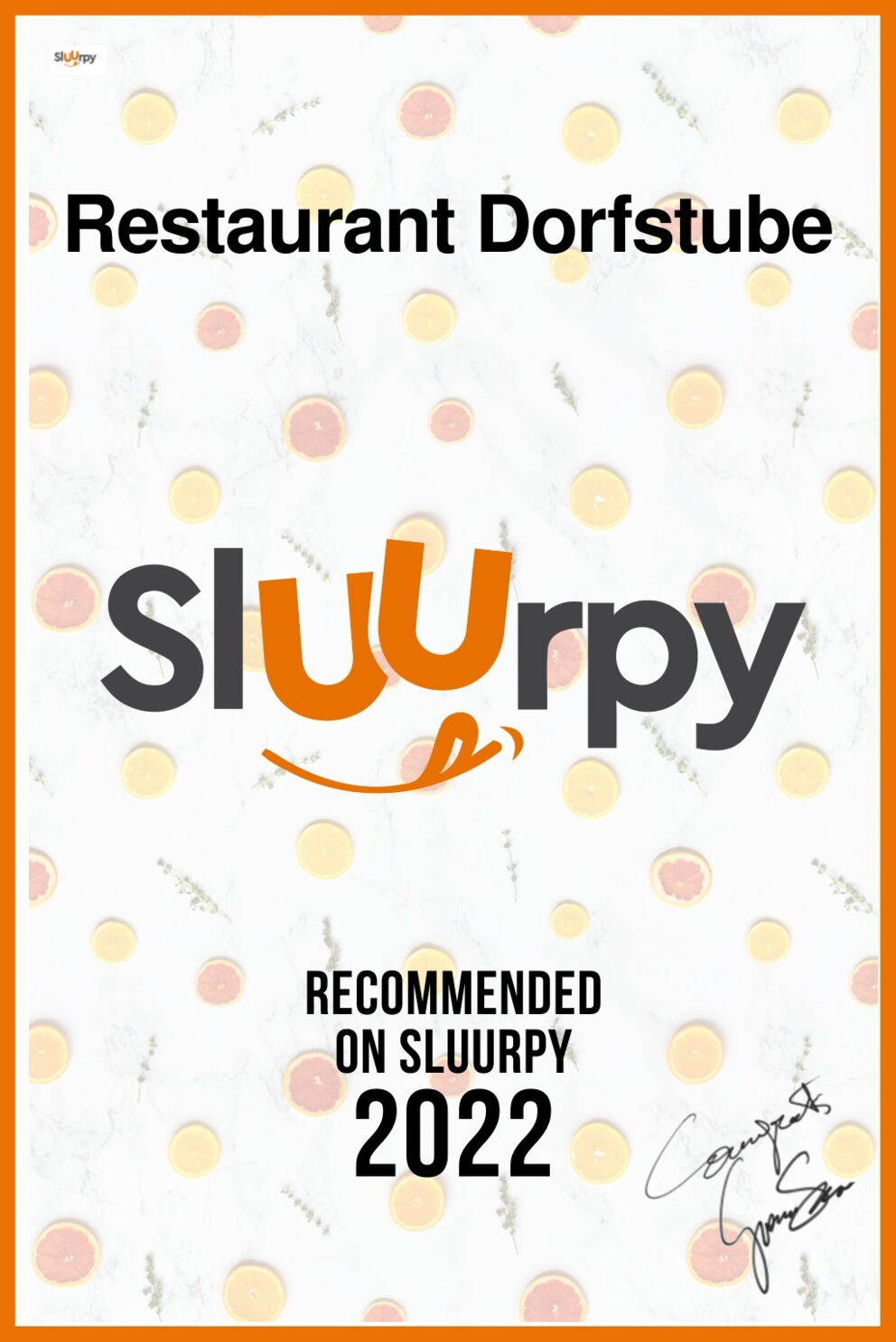 Awardauszeichnung 2022 für das Restaurant Dorfstube von Sluurpy.