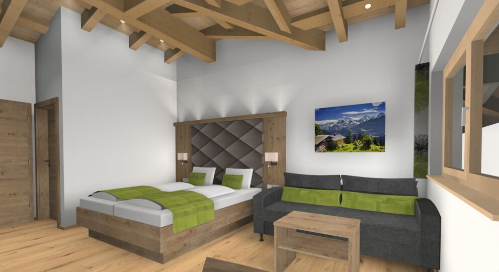 Zimmeransicht im Vorentwurf für ein Dachgeschosszimmer mit Sichtdachstuhl.