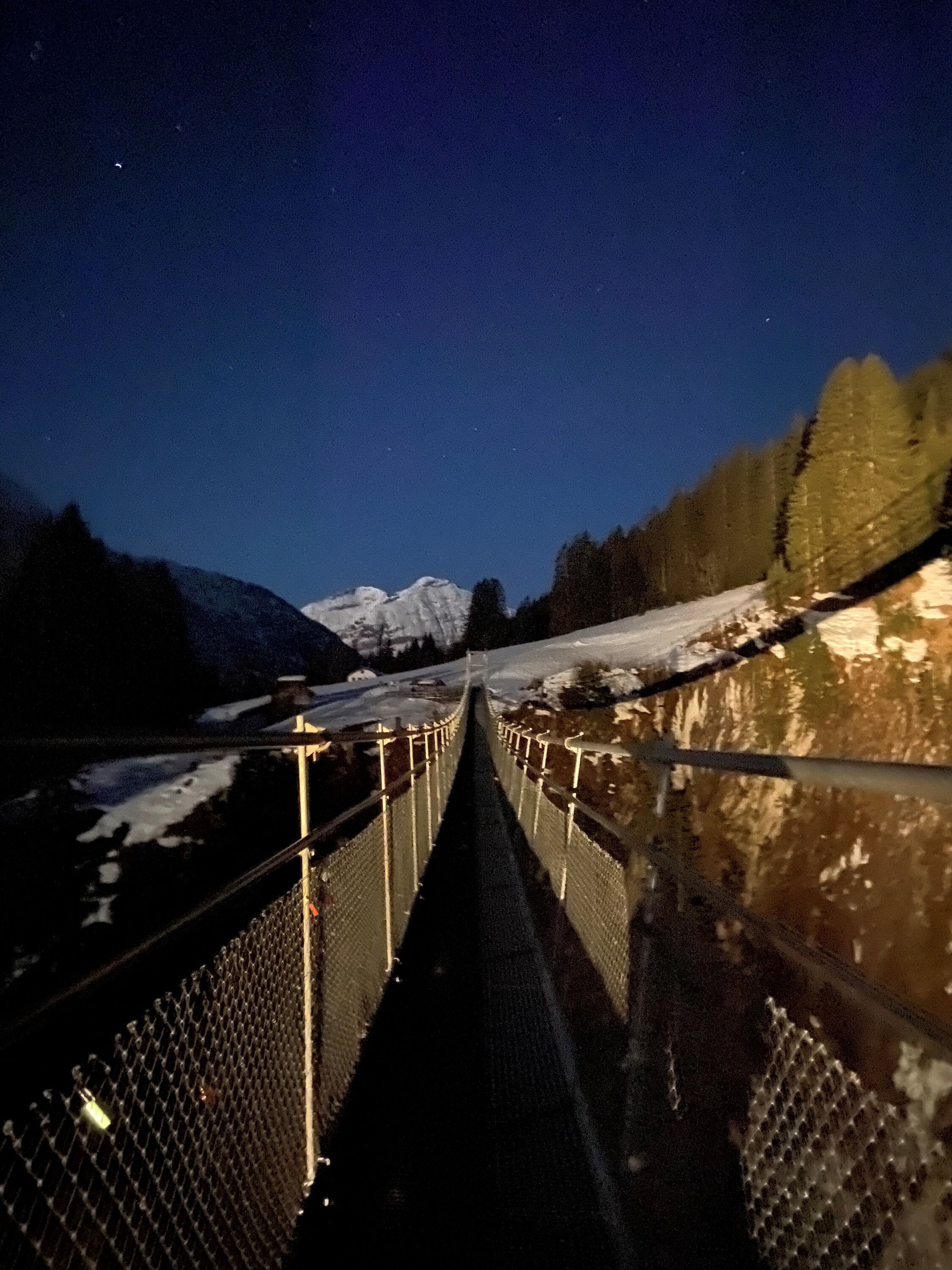Ausblick bei Nacht auf das kleine Dorf Holzgau.
