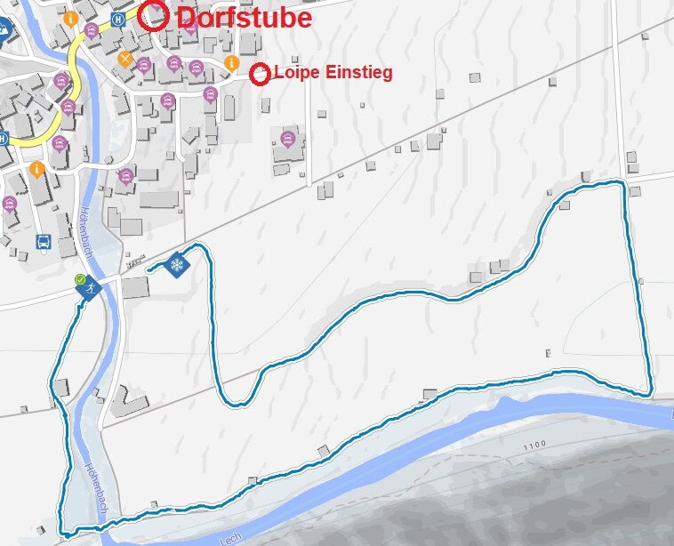 Kunstschneelanglaufrunde-Holzgau 1 Einstieg auch ab der Dorfstube Holzgau möglich.