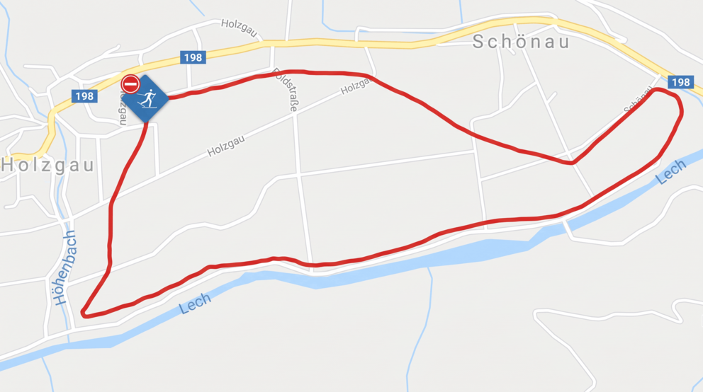 Loipenkarte der Langlaufrunde Holzgau und Schönau mit Streckenverlauf entlang des Lech