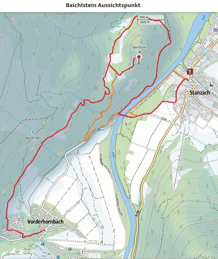 Wanderkarte der Baichlsteinrunde von Vorderhornbach bis nach Stanzach.