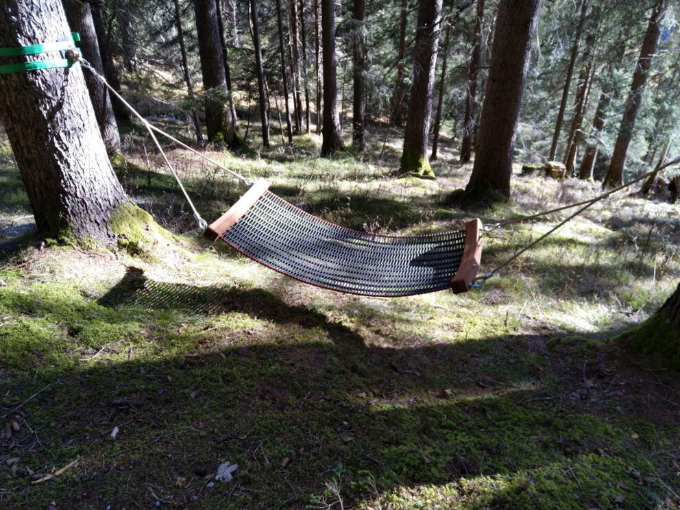 Lauschen auf der Hängematte wie der Wind heult im Wald.