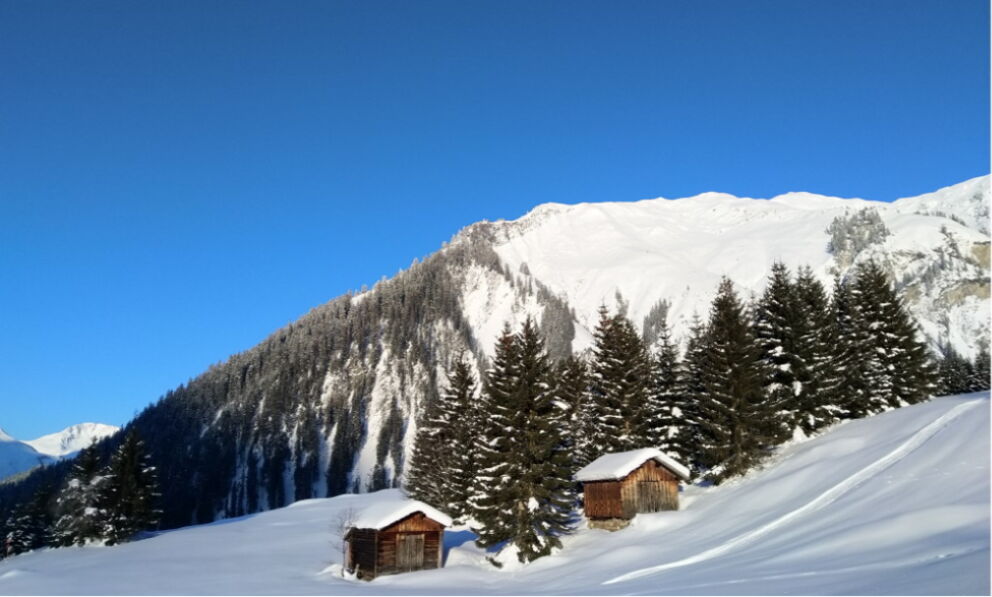Wandern in herrlicher Winterwanderkulisse mit Bergen und verschneiten Heu-Stadeln.