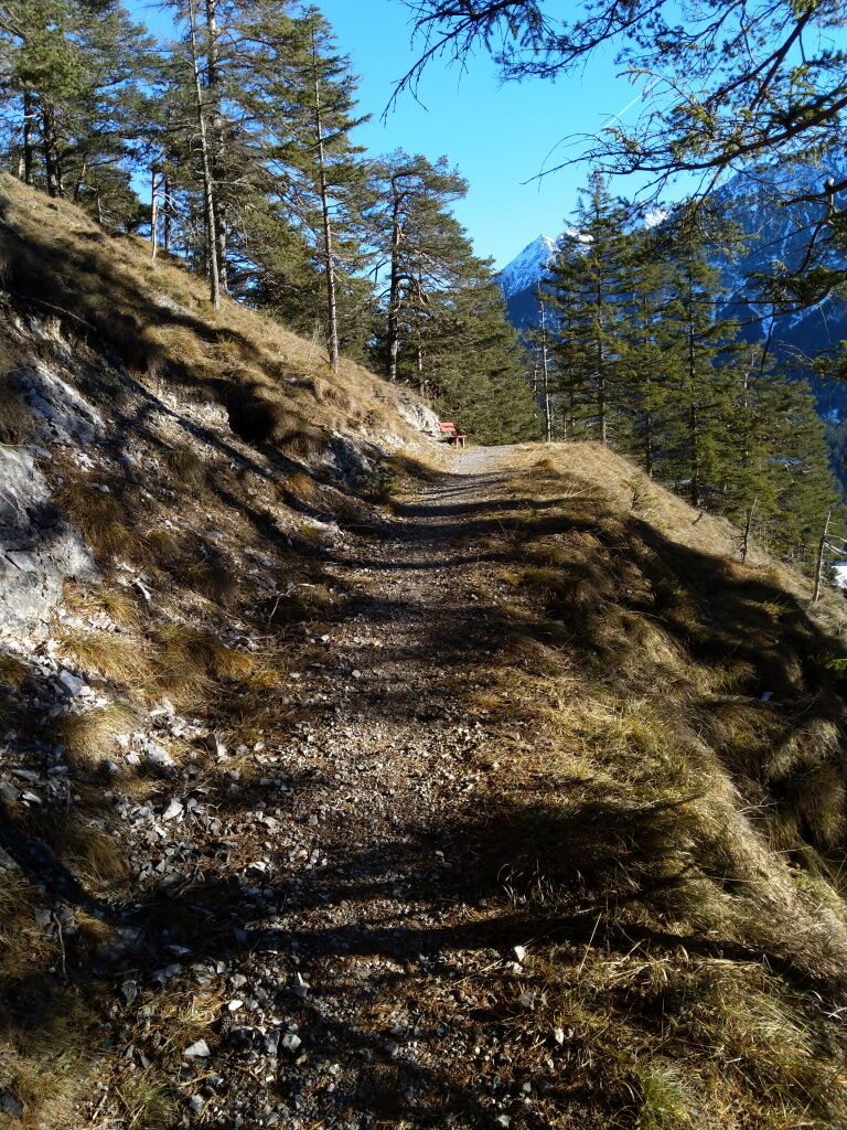 Über einen guten Wanderweg nach einer Talquerung gelangen Sie zu einer Sonnenreichen Sitzbank mit gewaltigem Panorama auf das Lechtal.